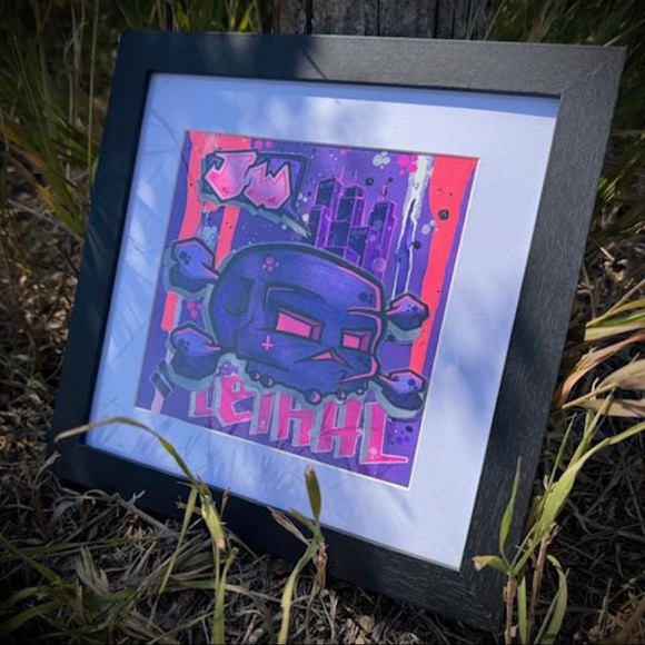 Original Art - Lethal Lavender - Graffiti Style Skull Art on Canvas Board Framed - Picture 4 of 4